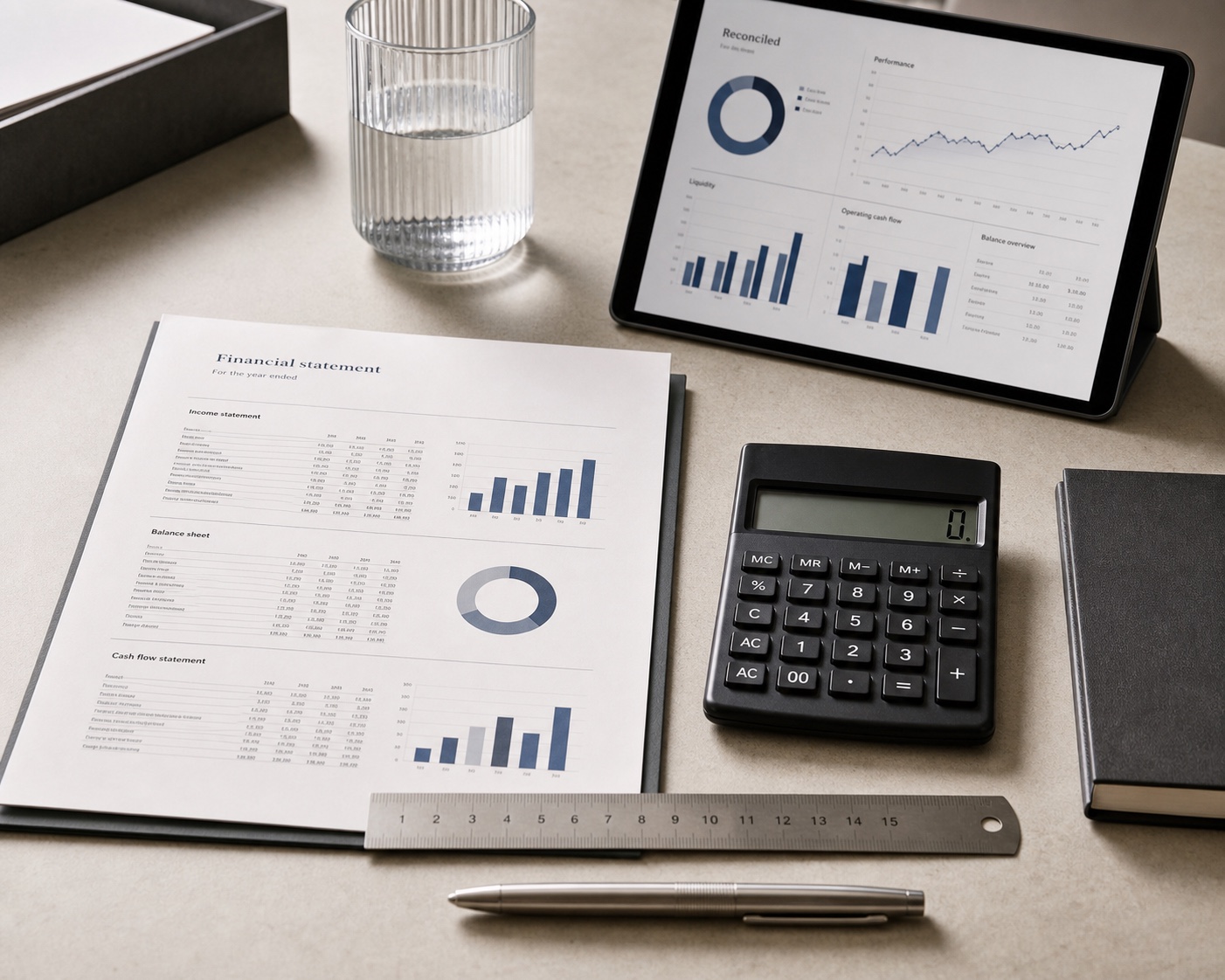 Precisely organised financial statement, calculator, and reporting dashboard